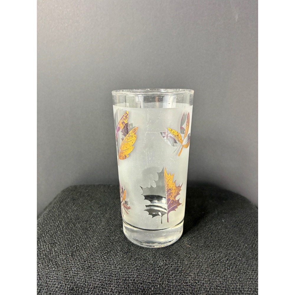 Vintage Libbey Frosted Glass Tumbler Highball Glass Fall Autumn Leaves Gold
